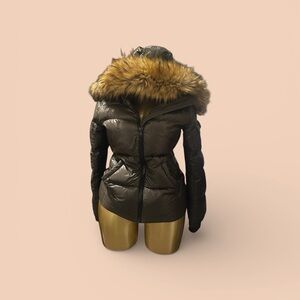 Women's Dark Green Puffer Jacket with Faux Fur Trim